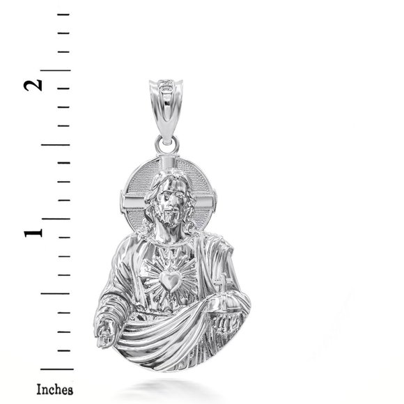 925 Sterling Silver 3D Jesus Christ Sacred Heart Big Pendant 